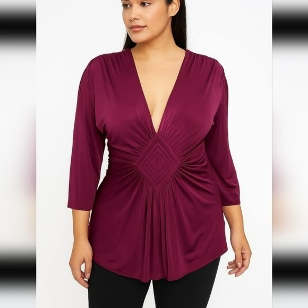 Black Halo New Plum Purple Ruched Diamond Detail Satin Draped Blouse SZ Large
